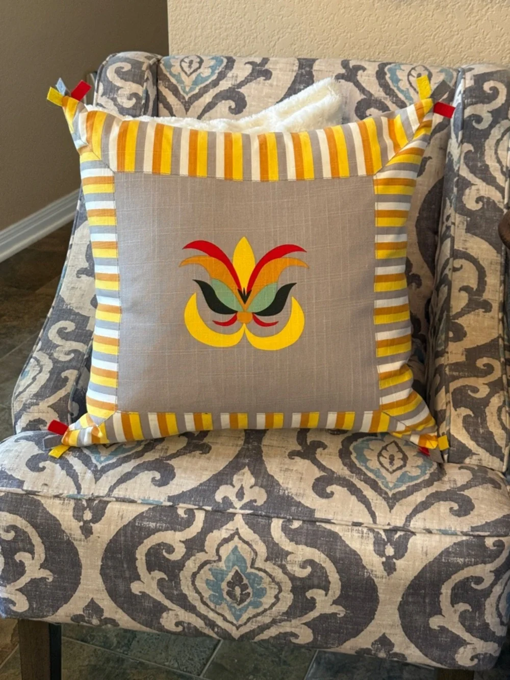 IKEA Yellow Gray Striped Accent Pillow with Duck Down Insert - 19x18